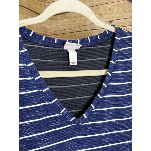 MERONA STRIPED TEXTURED HIGH LOW V-NECK T-SHIRT CASUAL EVERYDAY DRESS SZ. LARGE - Picture 3 of 4